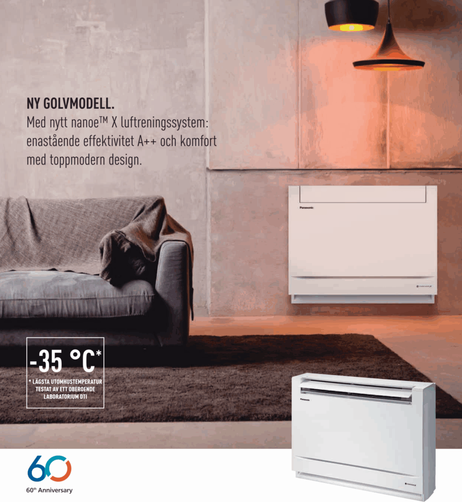 Panasonic golvmodell luftvärmepump – kraftfull uppvärmning ner till -35 °C, designad för nordiskt klimat.