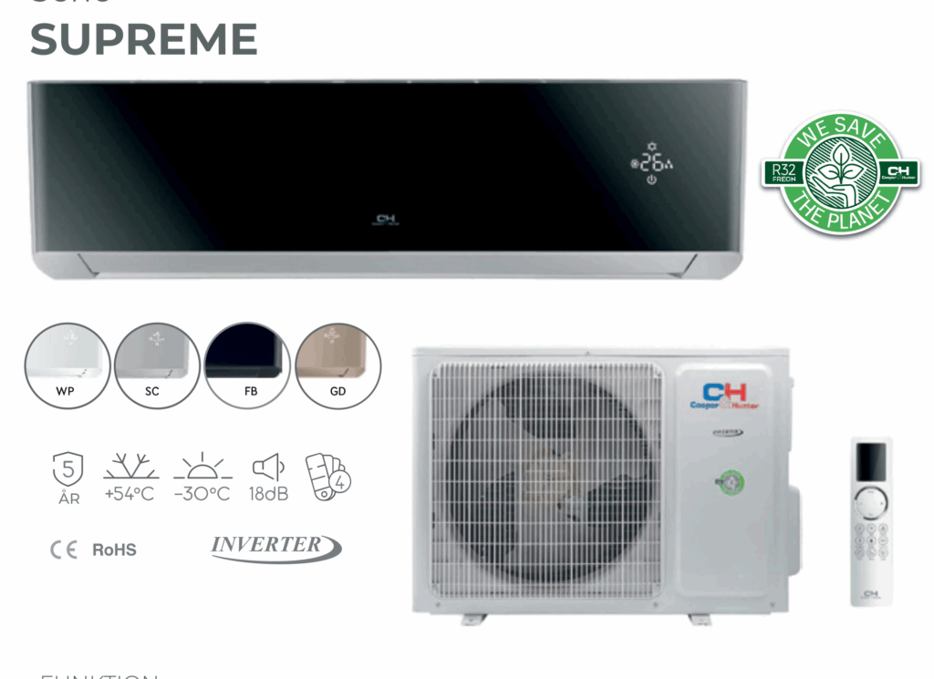 Cooper & Hunter luftvärmepump – svart innedel med modern design och energieffektiv vit utedel.