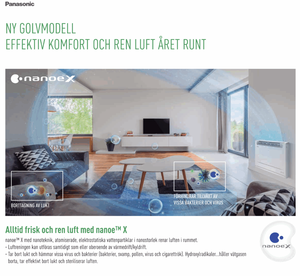 Panasonic golvmodell luftvärmepump med Nanoe™ X – ren luft, värme och kyla i ett.