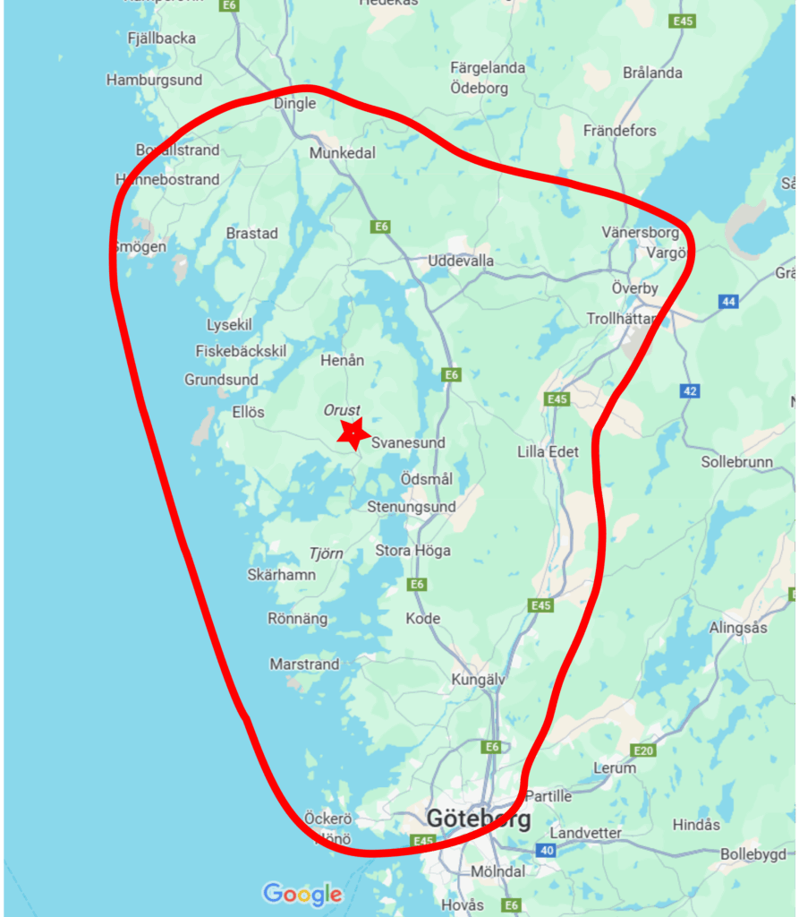 Karta över Värmekomfort i väst arbetsområde – cirka en timmes resväg från Orust, inklusive Göteborg, Tjörn, Stenungsund och Uddevalla.