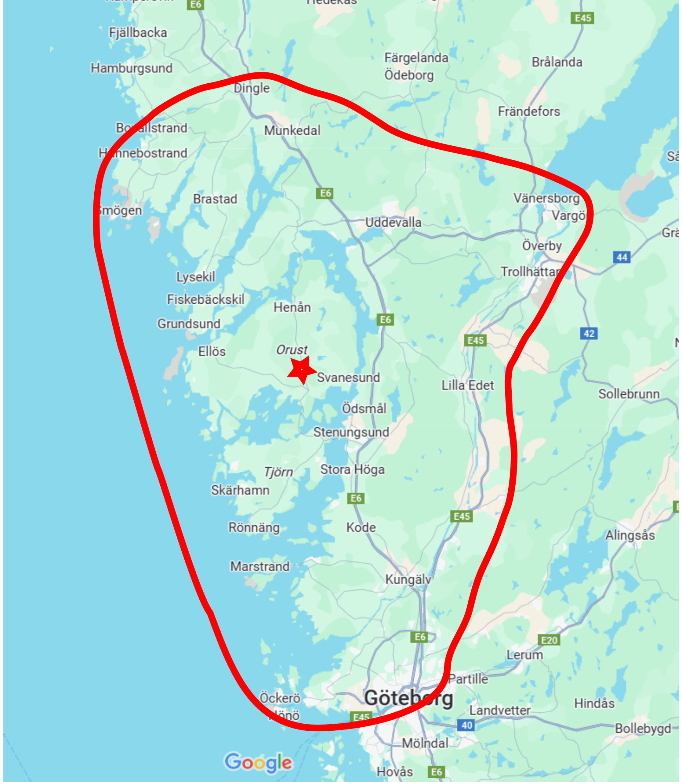 Karta över Värmekomfort i väst arbetsområde – cirka en timmes resväg från Orust, inklusive Göteborg, Tjörn, Stenungsund och Uddevalla.