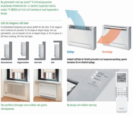 Panasonic golvmodell luftvärmepump – flexibel installation under fönster, i nisch eller mot vägg.