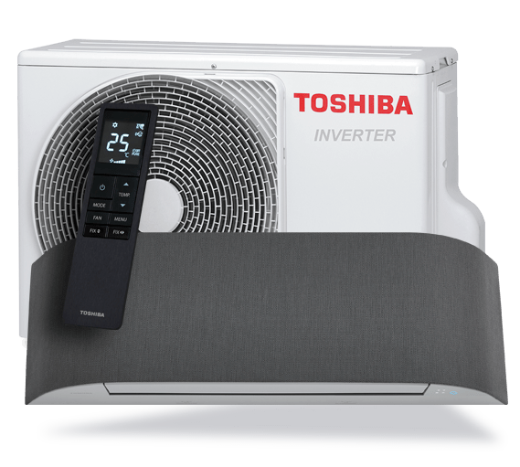 Toshiba luftvärmepump – tygklädd innedel och utedel med smart fjärrkontroll. Stilren design och effektiv styrning
