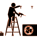 Trygg installation – certifierat & klart Ikon av montör på stege som installerar luftvärmepump – installation från Värmekomfort i Väst.